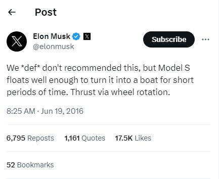 The meme is a screenshot of a Twitter post from Elon Musk, where he tweets about a new AI-powered boat that can navigate through water with a high degree of autonomy. The text in the image reads: "We *don't* recommend this, but... Model S floats well enough to turn it into a boat for short periods of time. Thrus via wheel rotation."
